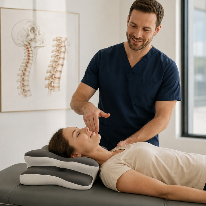 Chiropractor demonstrating cervical alignment on the Numa pillow